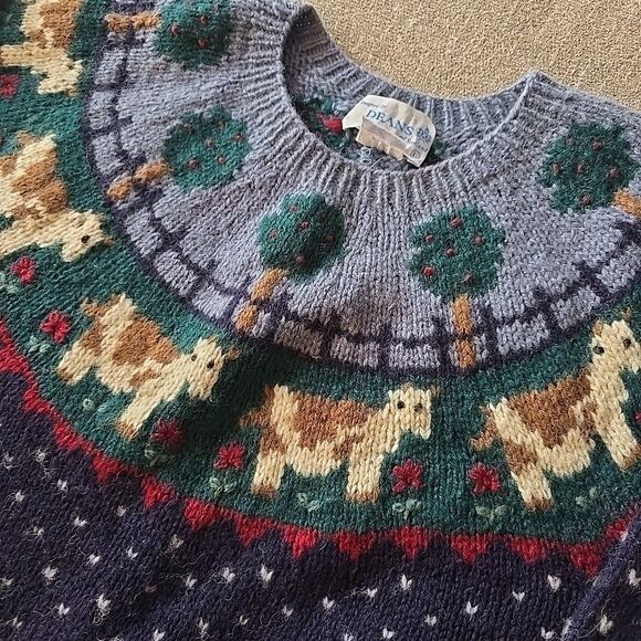 80s Deans Of Scotland 100% Shetland Wool Sweater Farmett Cows Cottagecore Farm L - Picture 2 of 7